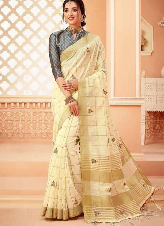 Designer Cotton Cream Khatli Work Saree