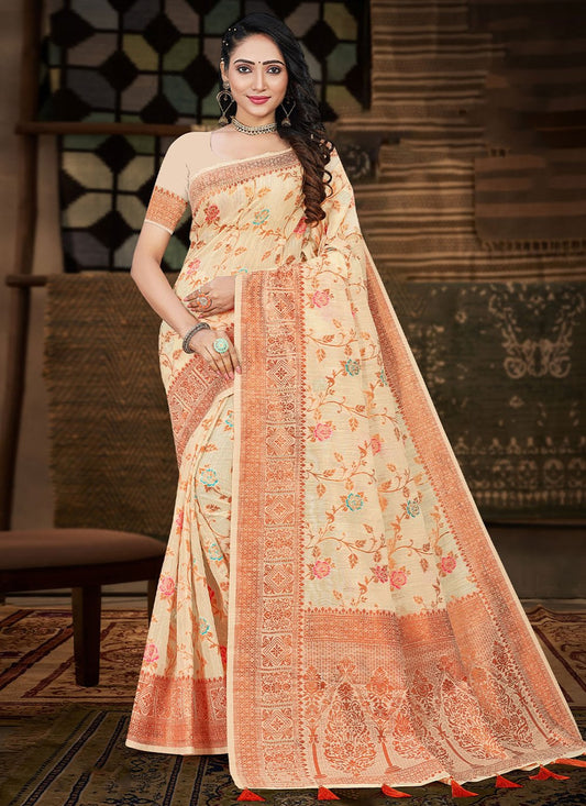 Contemporary Cotton Silk Cream Meena Saree