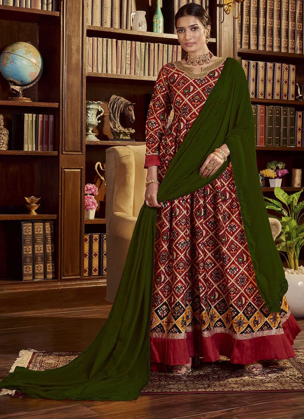 Designer Gown Cotton Maroon Print Gown