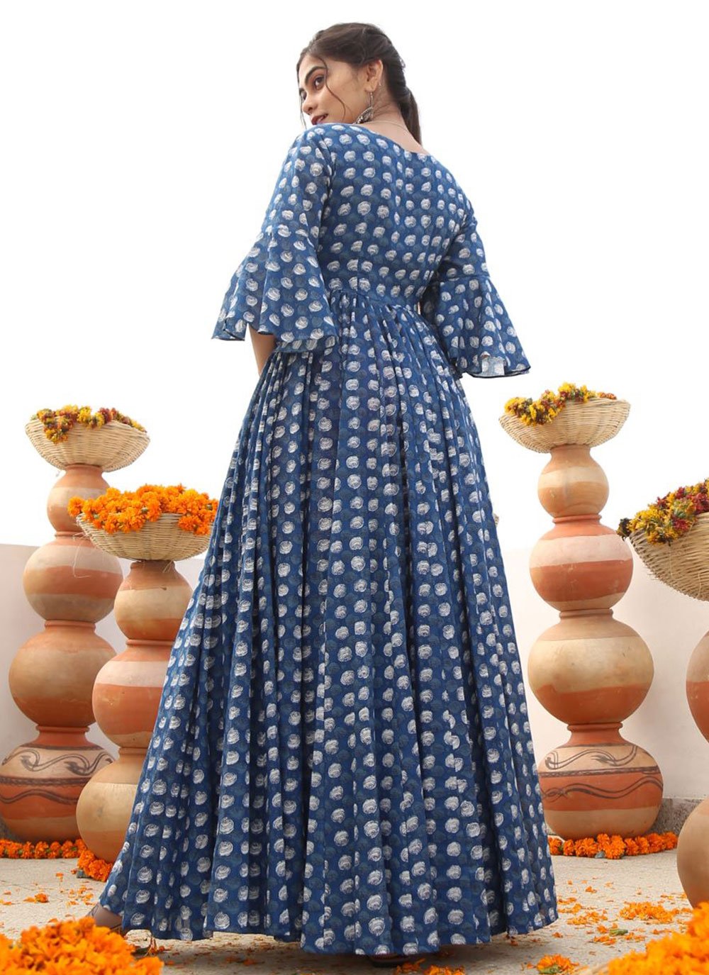 Designer Gown Cotton Blue Digital Print Gown