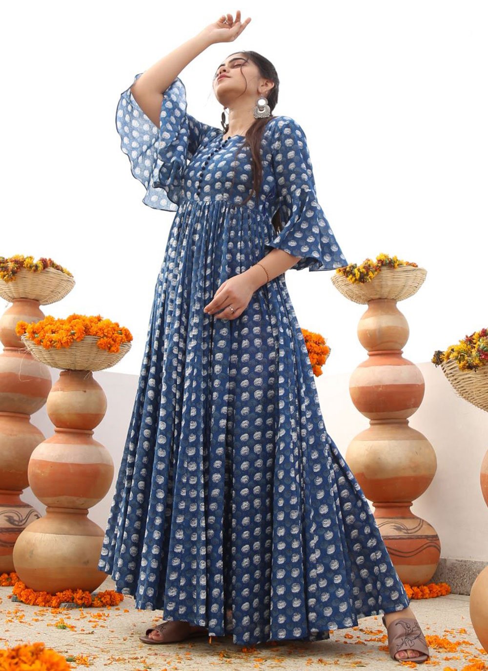 Designer Gown Cotton Blue Digital Print Gown