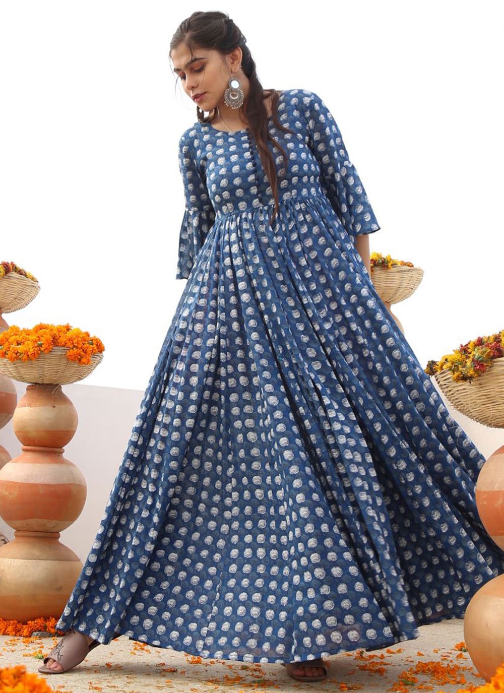 Designer Gown Cotton Blue Digital Print Gown