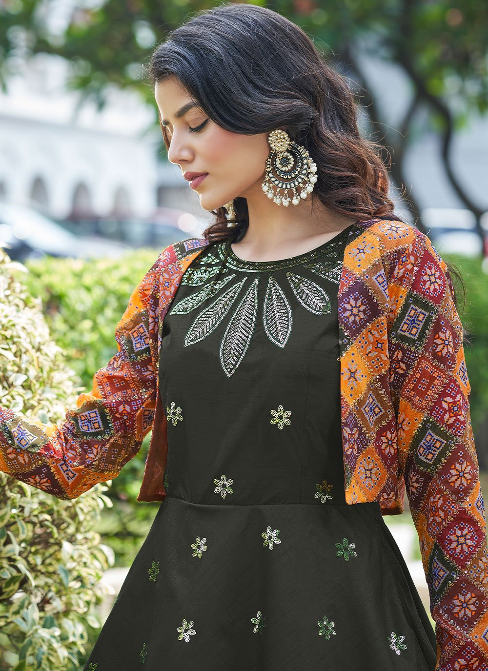 Designer Gown Cotton Green Embroidered Gown
