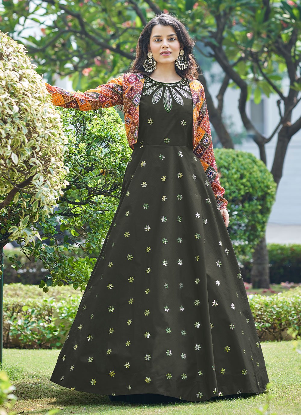 Designer Gown Cotton Green Embroidered Gown