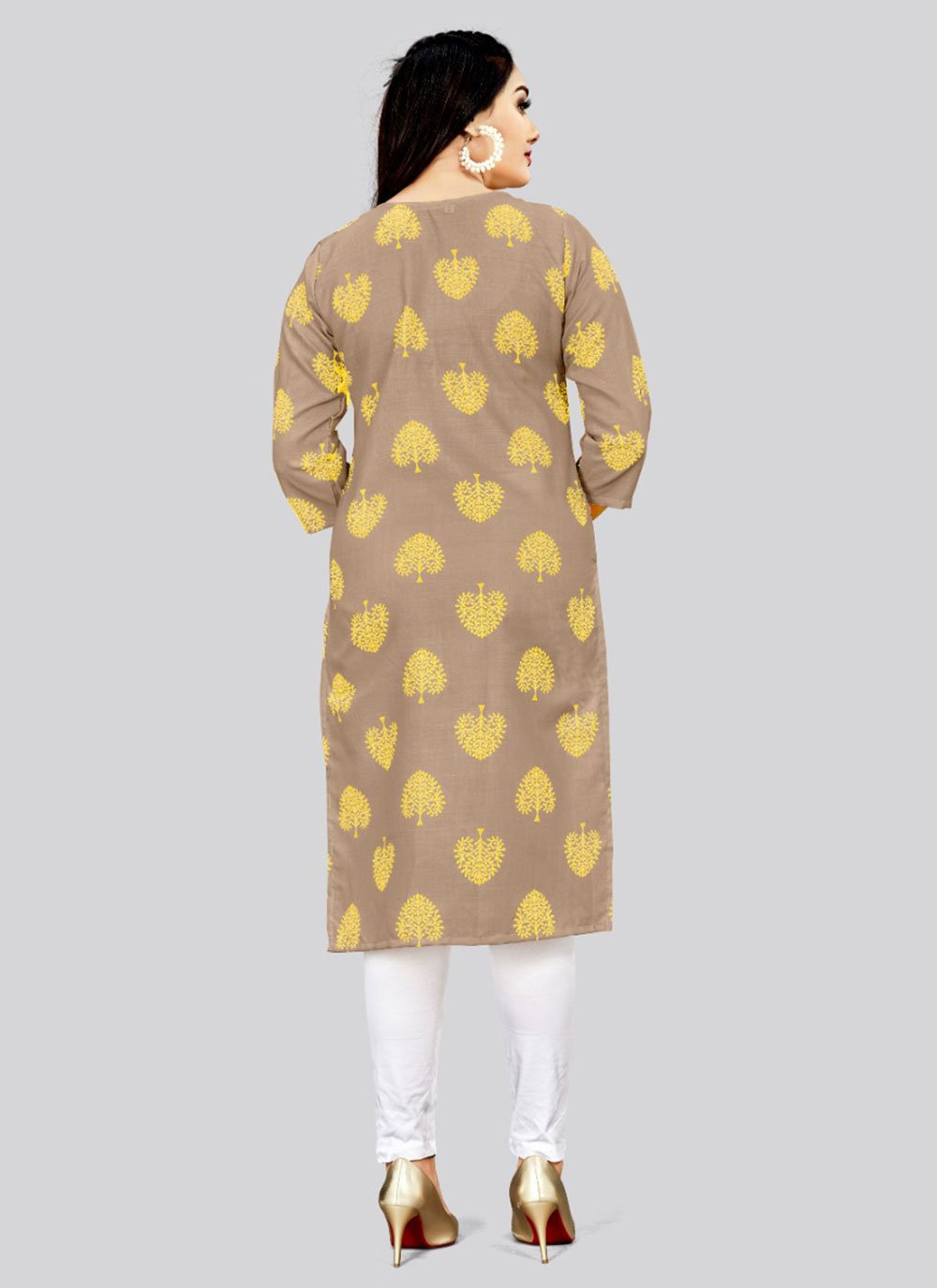 Designer Kurti Cotton Brown Print Kurtis