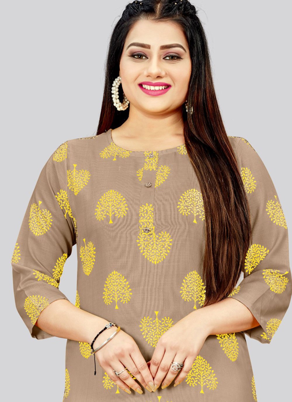 Designer Kurti Cotton Brown Print Kurtis