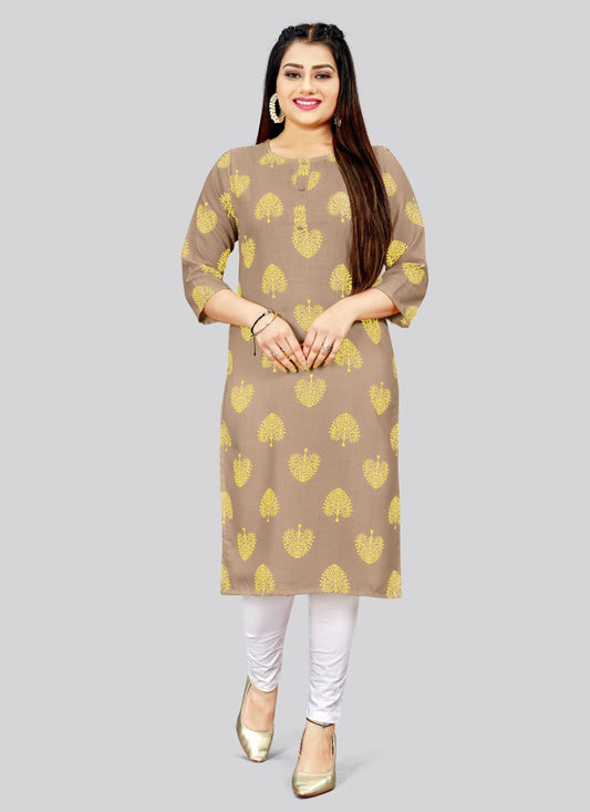 Designer Kurti Cotton Brown Print Kurtis