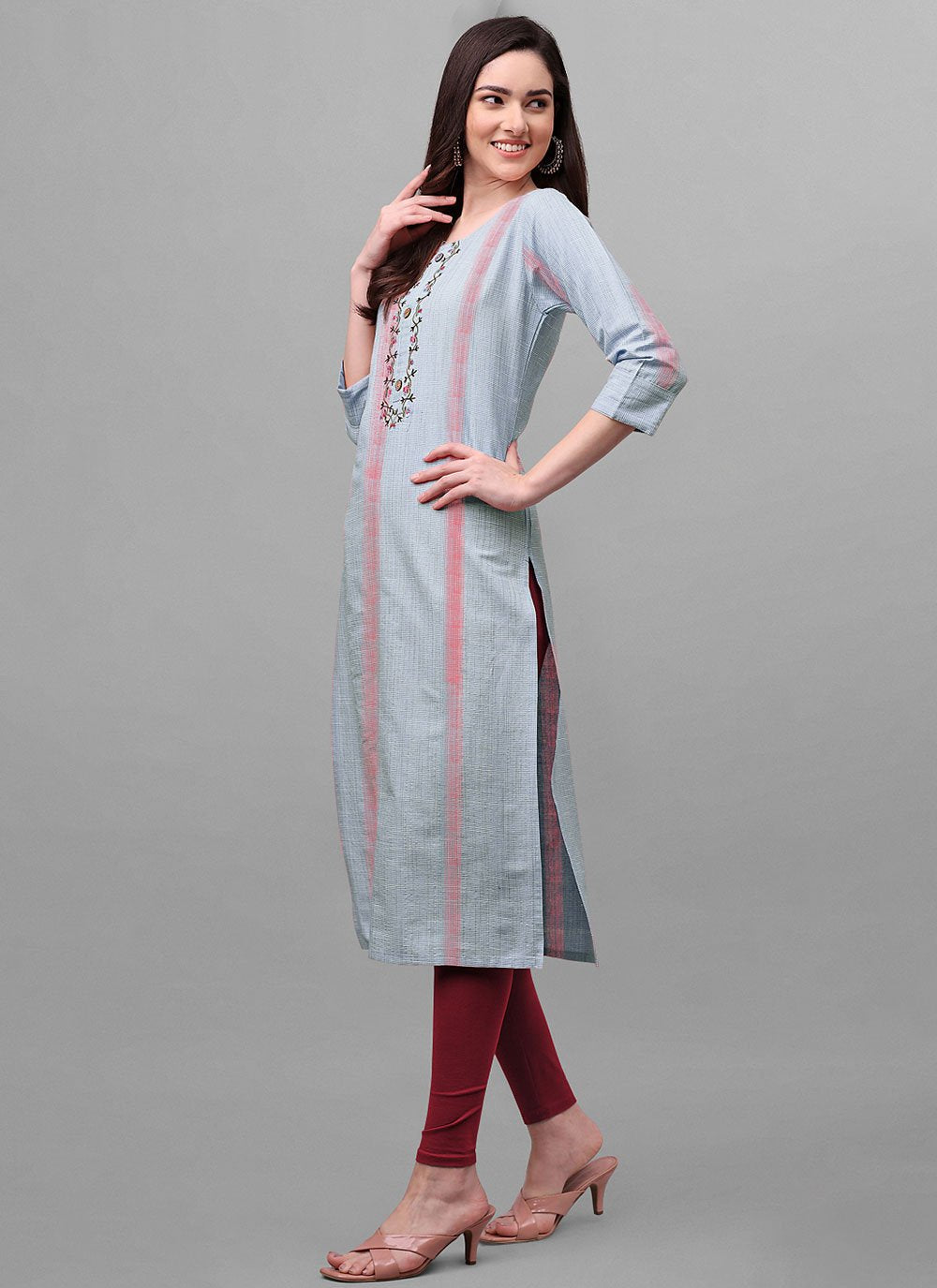 Designer Kurti Cotton Aqua Blue Weaving Kurtis