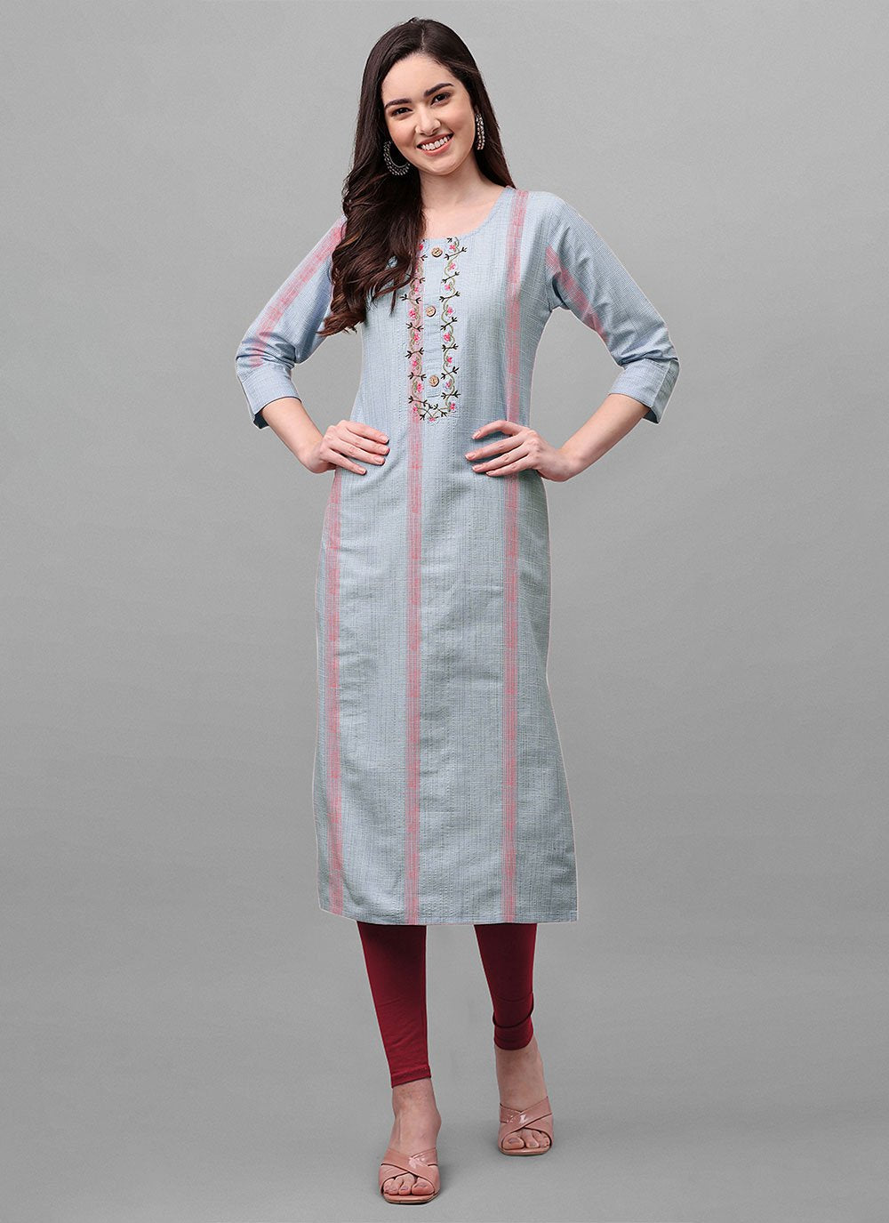 Designer Kurti Cotton Aqua Blue Weaving Kurtis