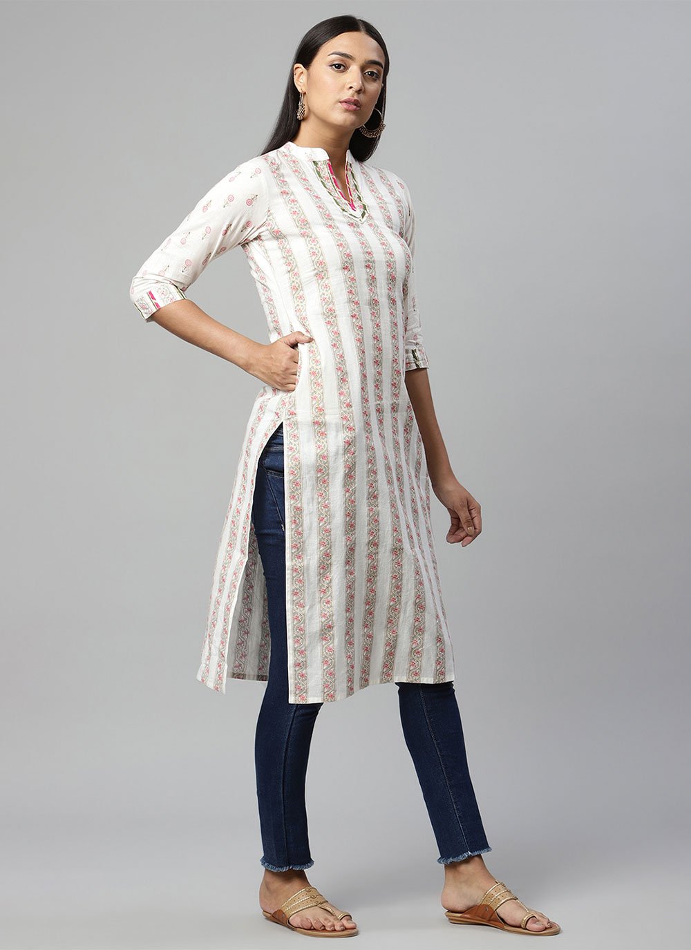 Designer Kurti Cotton Off White Print Kurtis