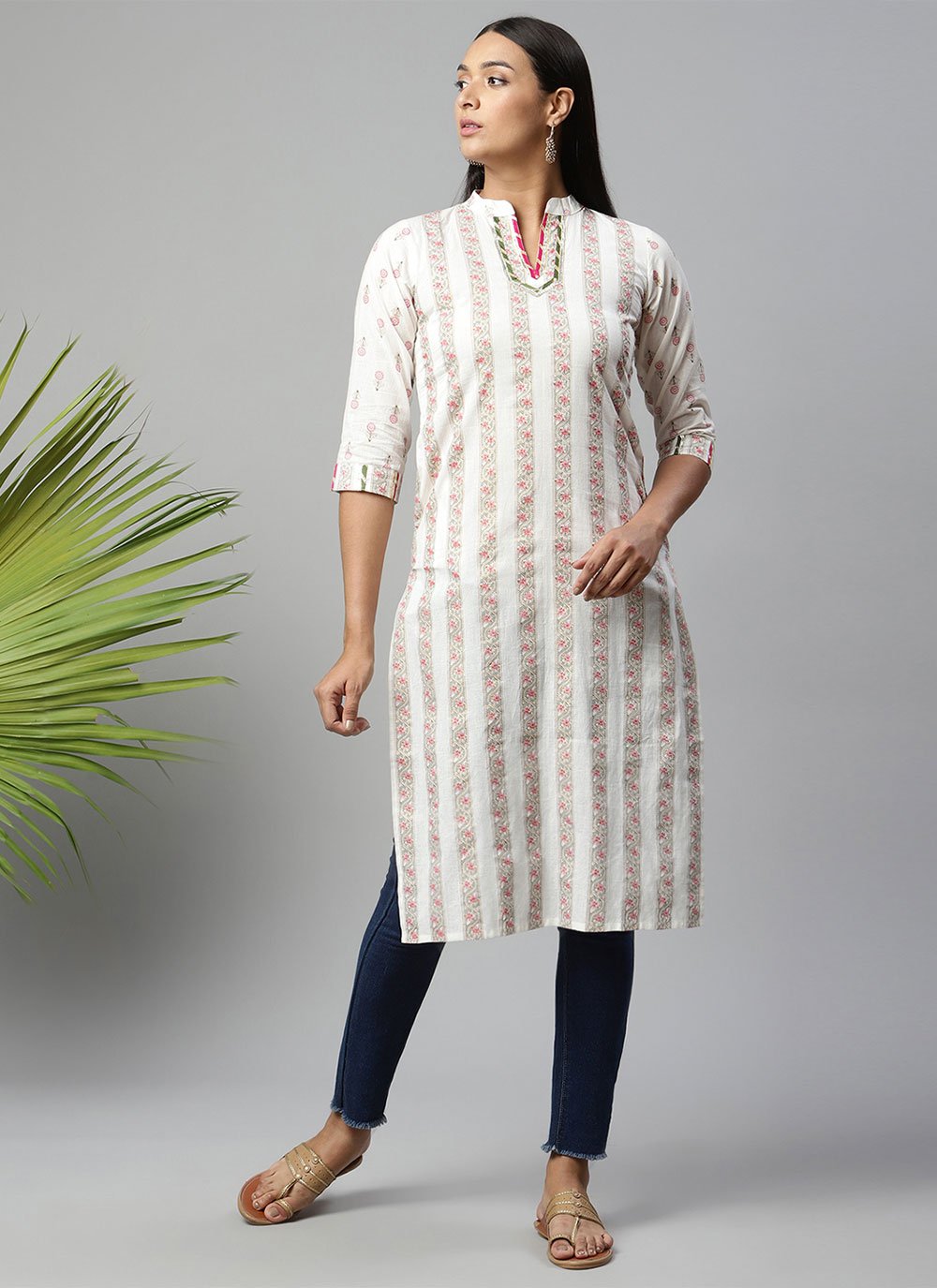 Designer Kurti Cotton Off White Print Kurtis