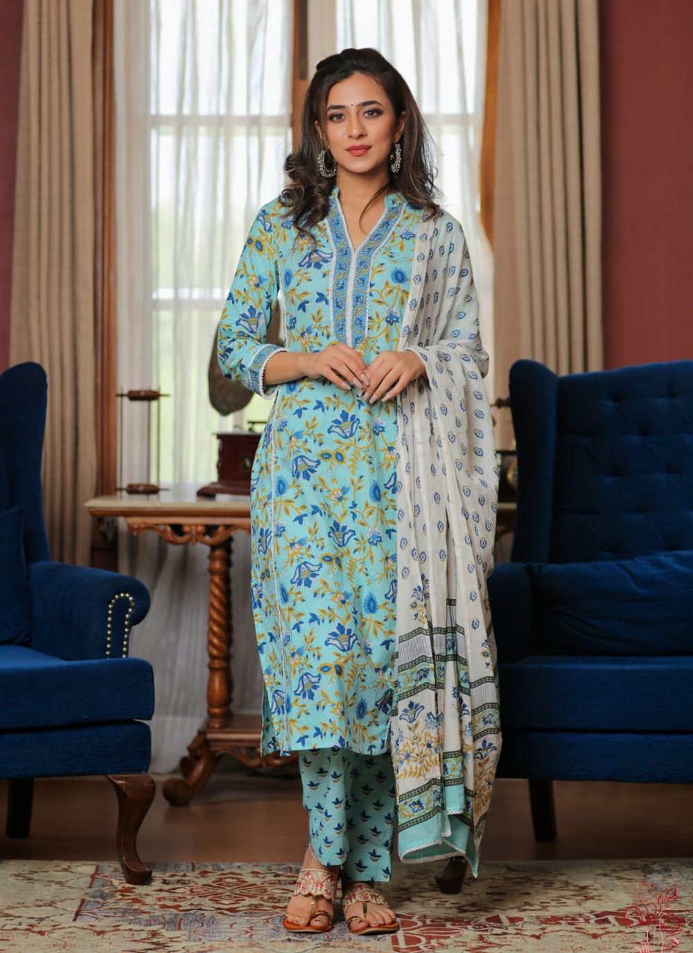 Designer Kurti Cotton Sea Green Fancy Work Kurtis