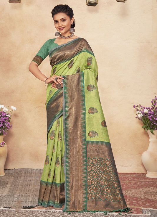 Designer Cotton Green Foil Print Saree