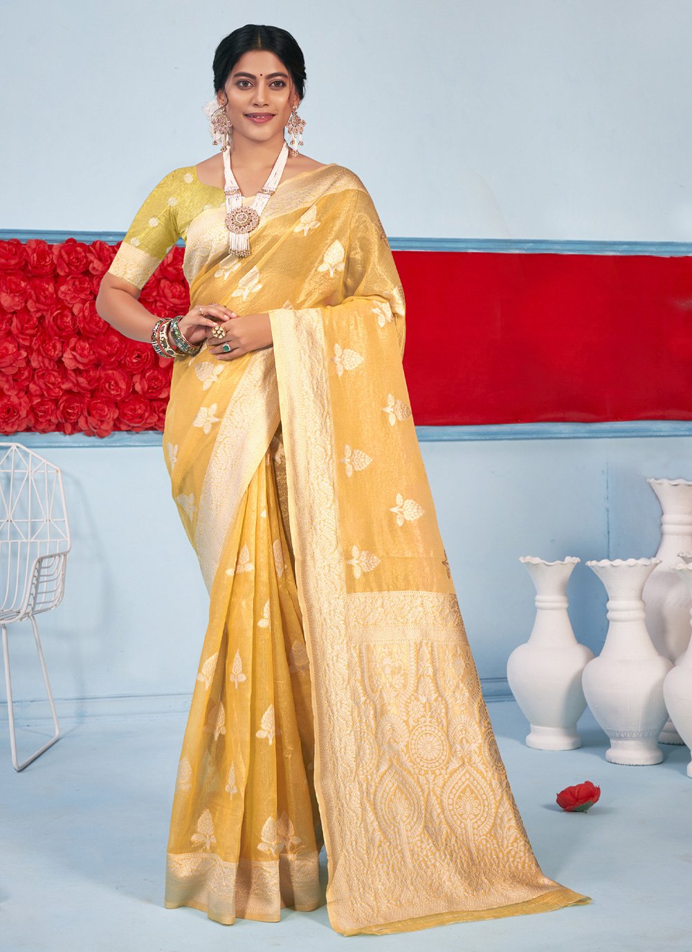 Traditional Saree Cotton Yellow Weaving Saree