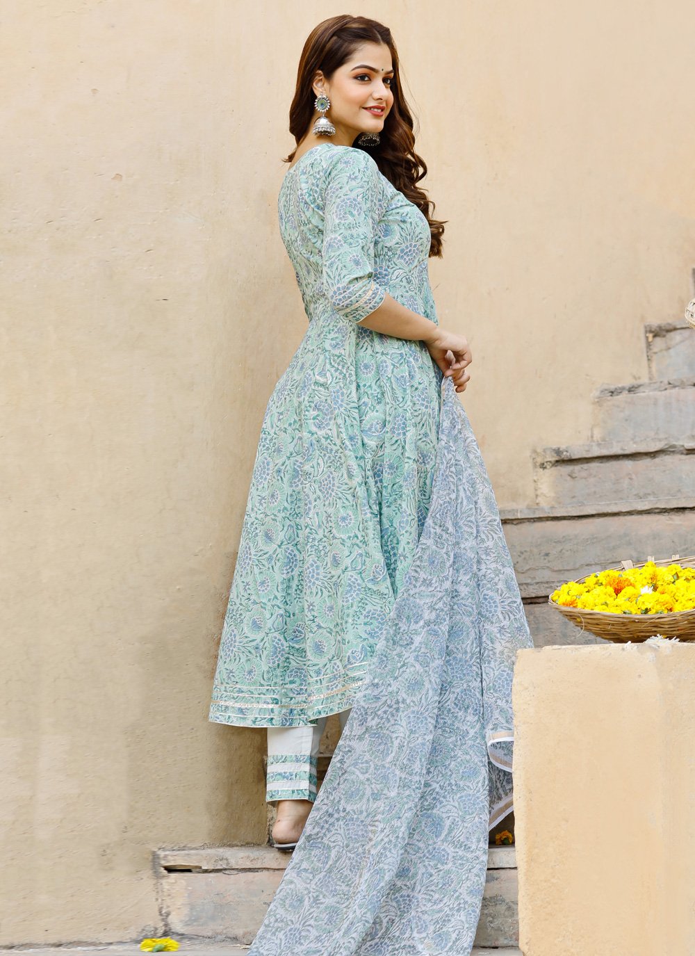 Pant Style Suit Cotton Aqua Blue Digital Print Salwar Kameez