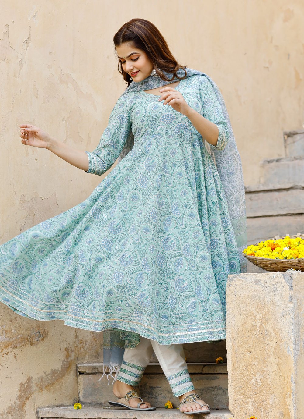 Pant Style Suit Cotton Aqua Blue Digital Print Salwar Kameez