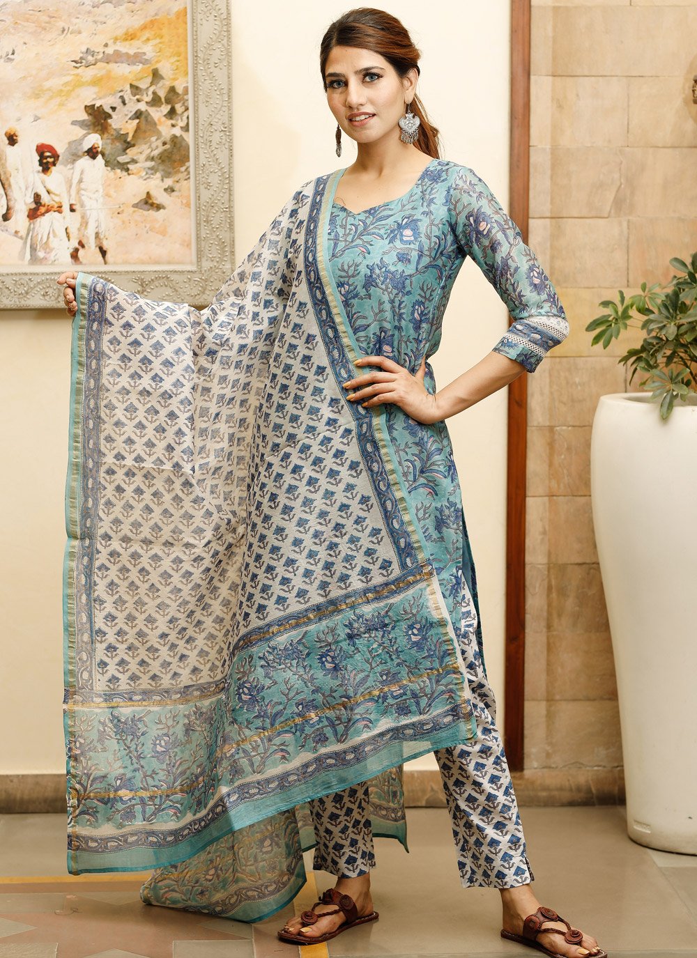 Pant Style Suit Cotton Aqua Blue Digital Print Salwar Kameez