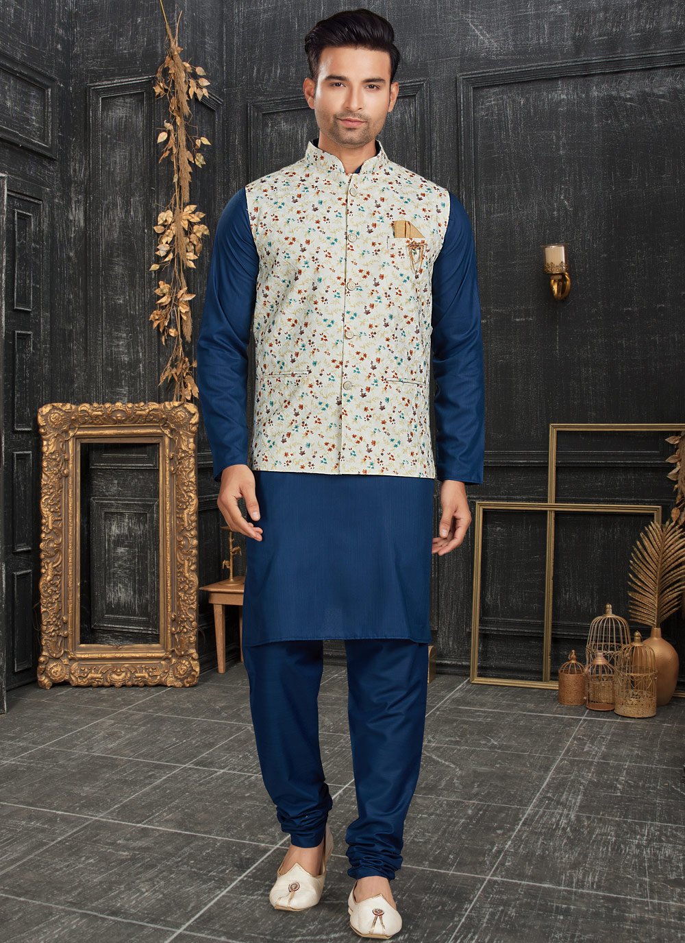 Kurta Payjama With Jacket Cotton Blue Cream Chicken Mens