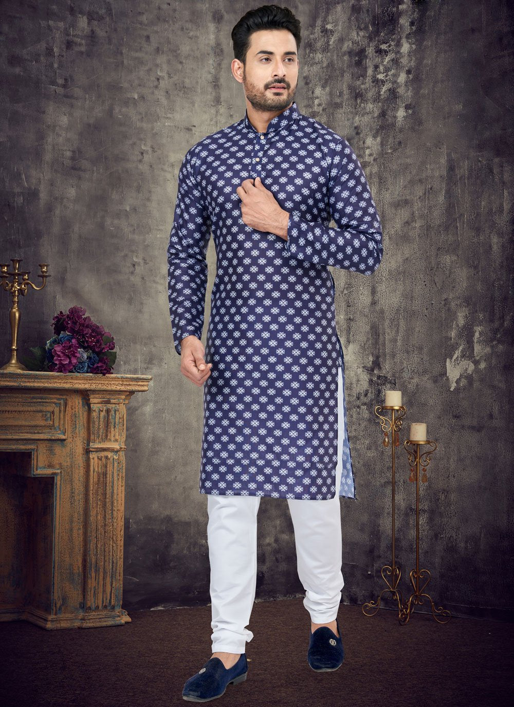 Kurta Pyjama Cotton Blue Digital Print Mens