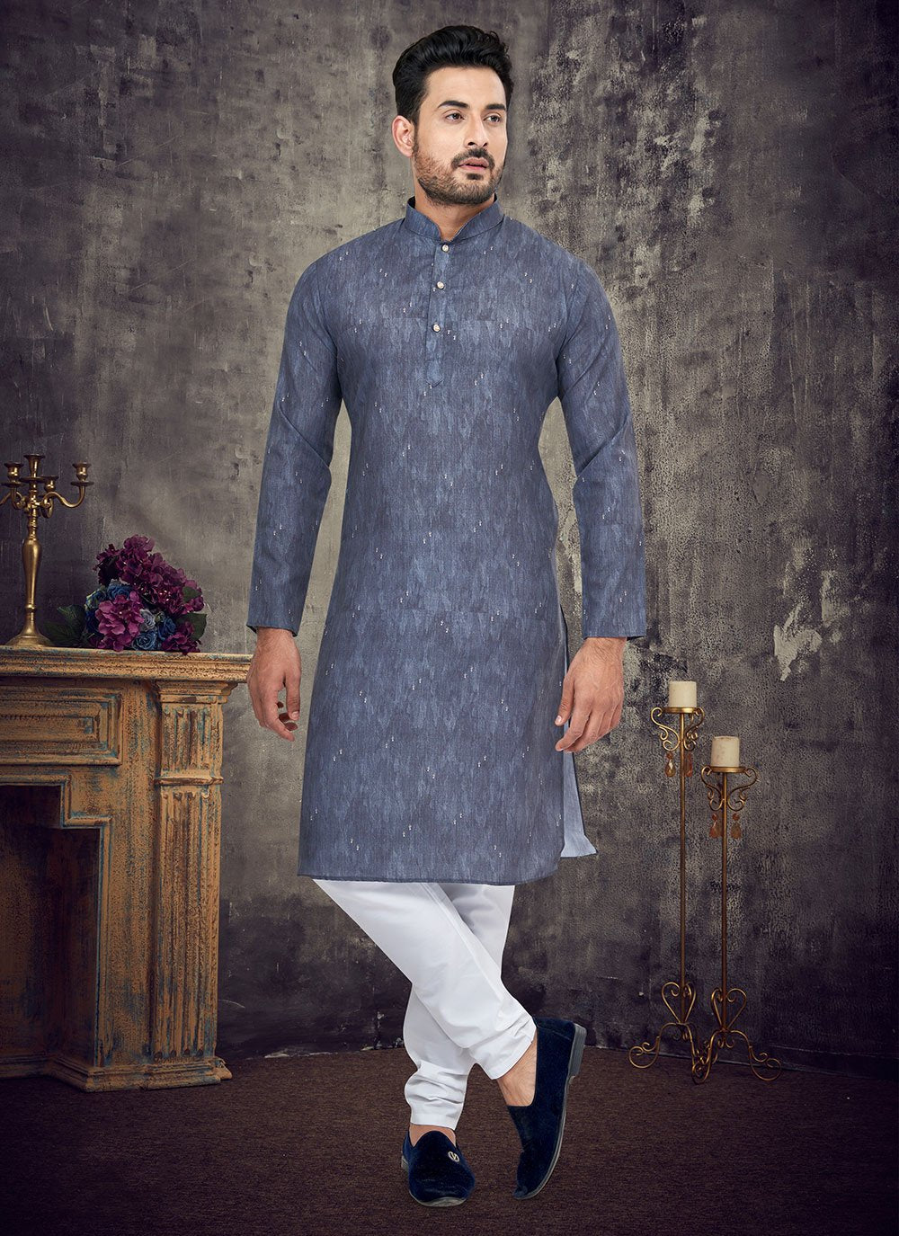 Kurta Pyjama Cotton Blue Digital Print Mens