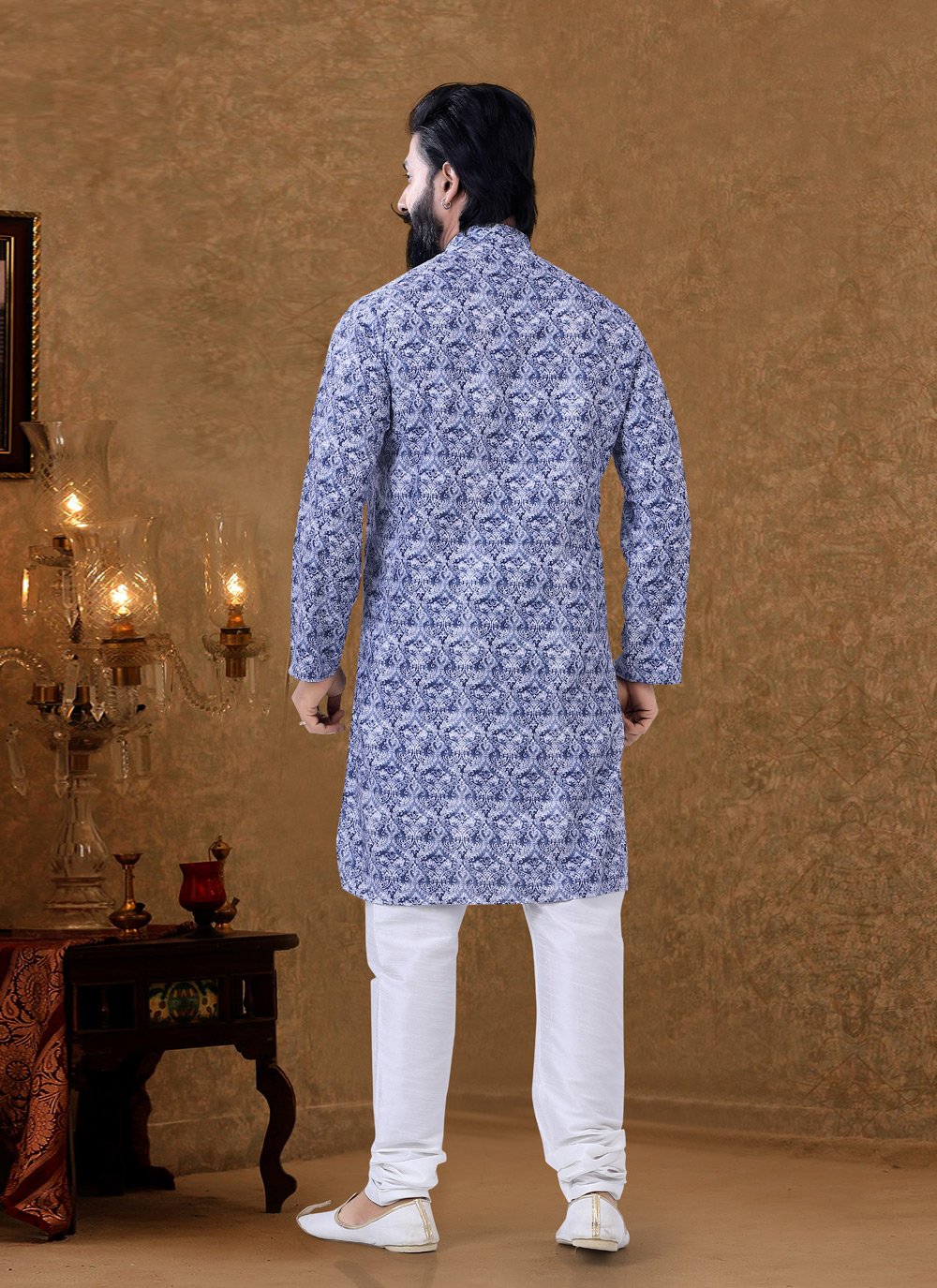 Kurta Pyjama Cotton Blue Digital Print Mens
