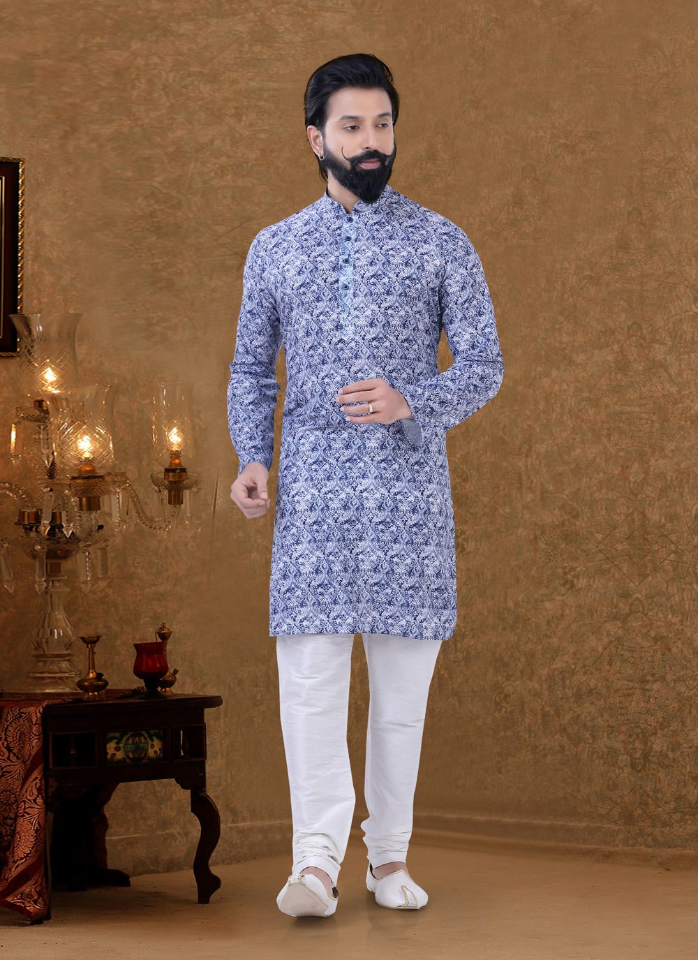 Kurta Pyjama Cotton Blue Digital Print Mens