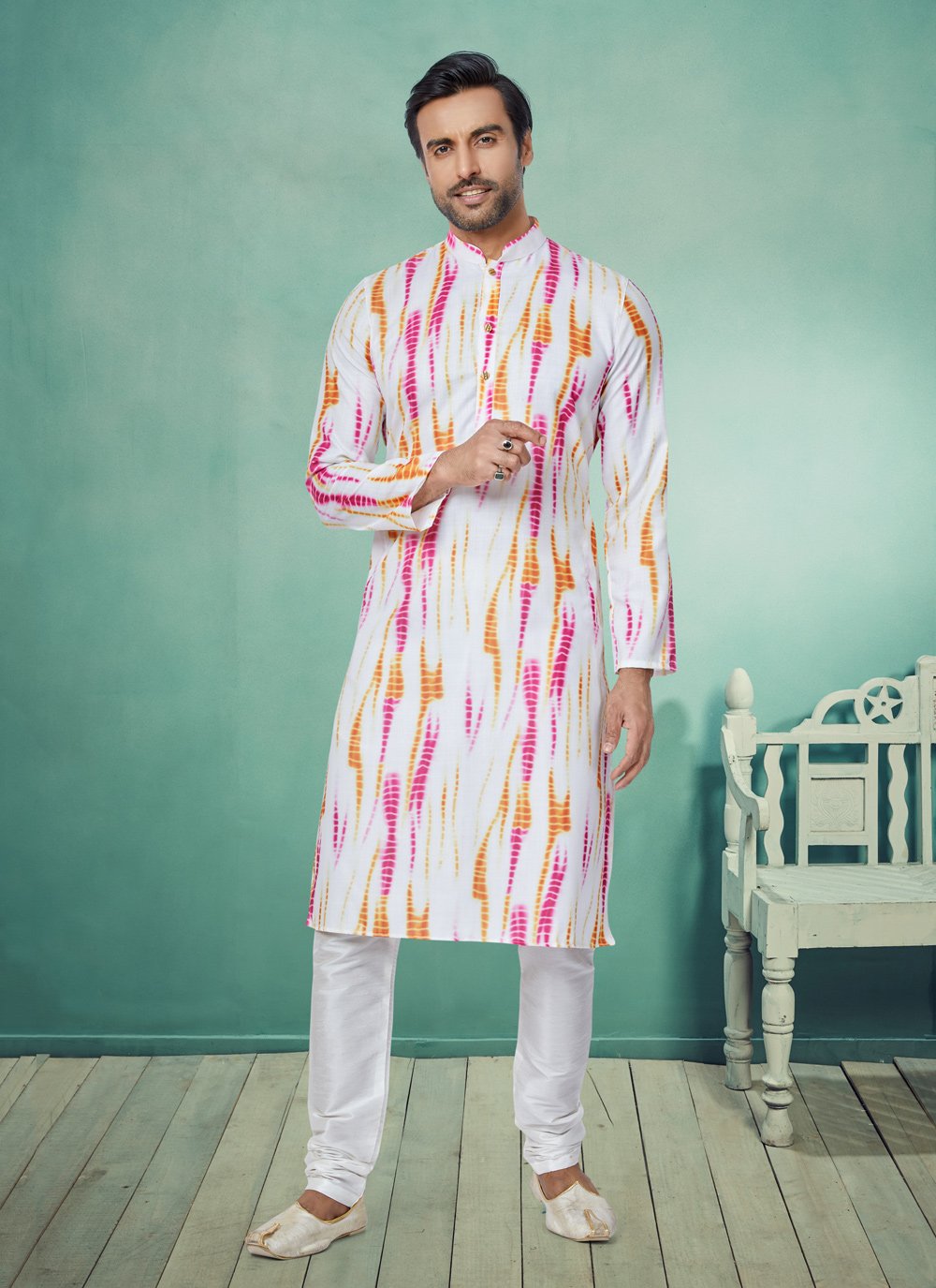 Kurta Pyjama Cotton White Digital Print Mens