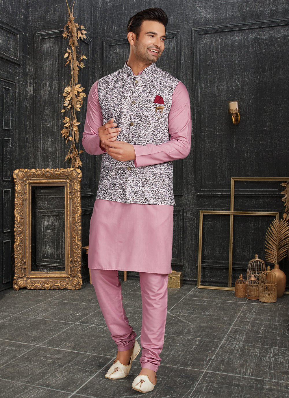 Kurta Payjama With Jacket Cotton Multi Colour Pink Chicken Mens