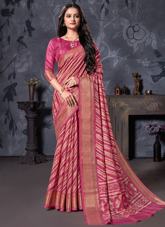 Traditional Saree Cotton Linen Pink Digital Print Saree