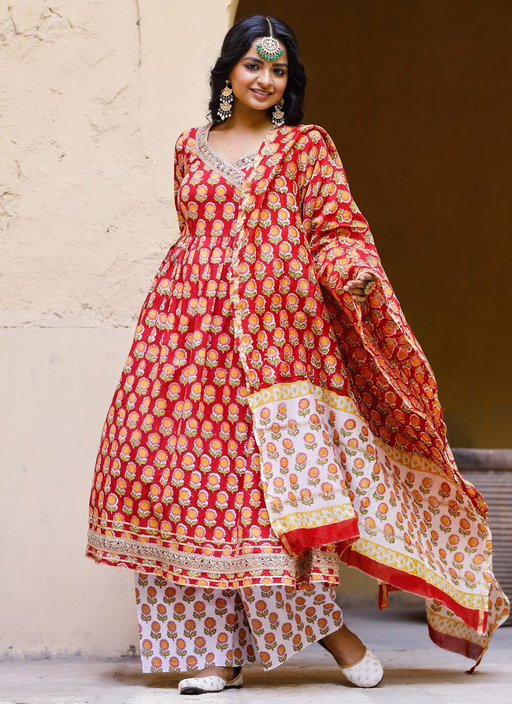 Palazzo Salwar Suit Cotton Red Digital Print Salwar Kameez