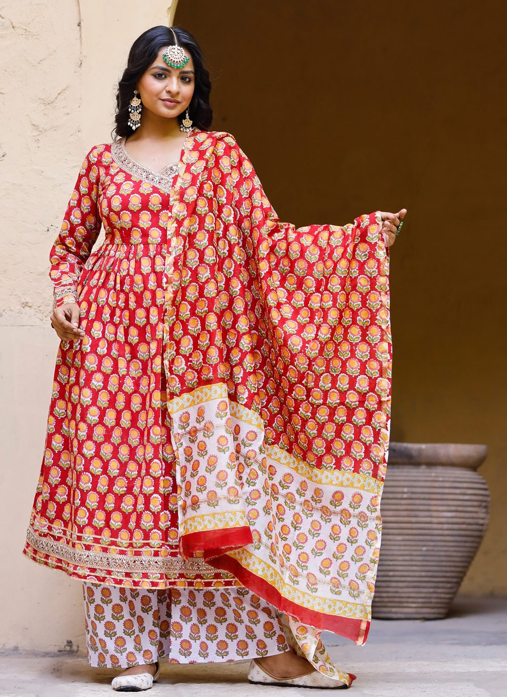 Palazzo Salwar Suit Cotton Red Digital Print Salwar Kameez