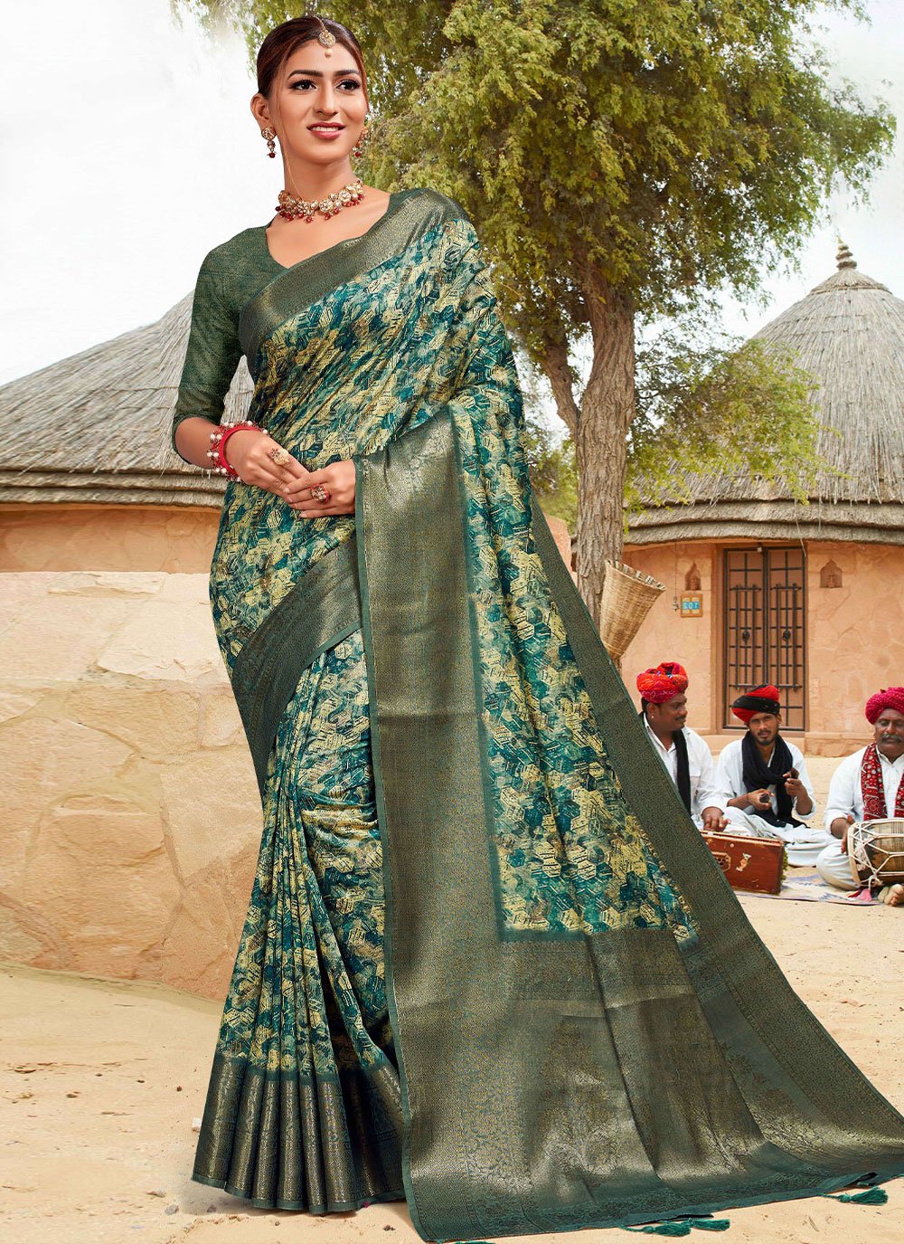 Classic Banarasi Silk Cotton Green Digital Print Saree