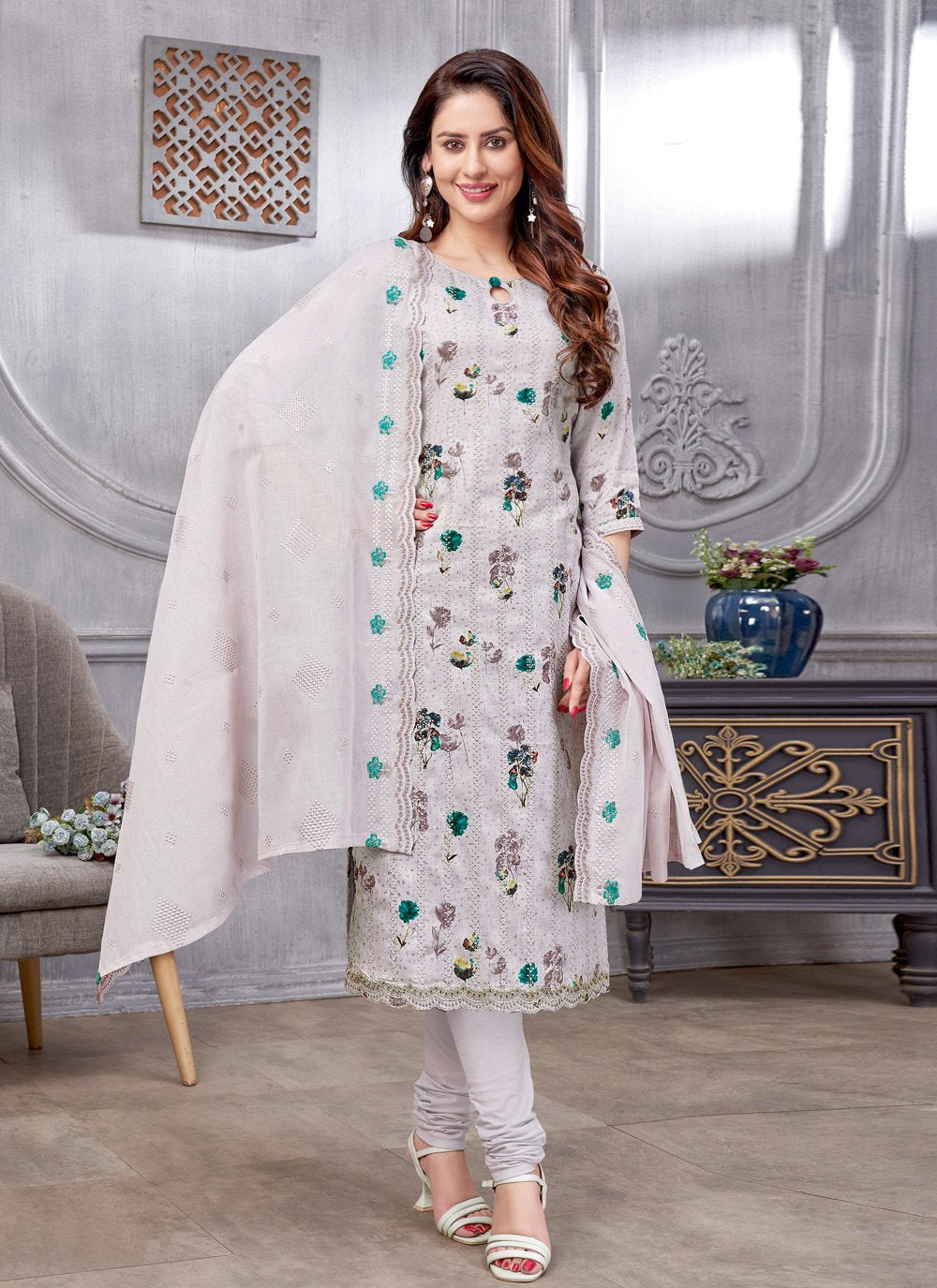 Churidar Suit Cotton Grey Embroidered Salwar Kameez