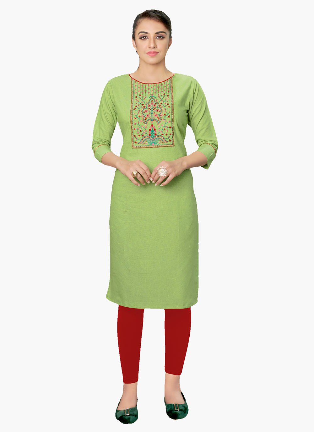 Designer Kurti Cotton Green Embroidered Kurtis