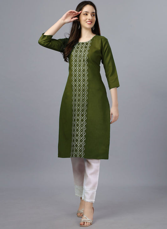 Designer Kurti Cotton Green Embroidered Kurtis