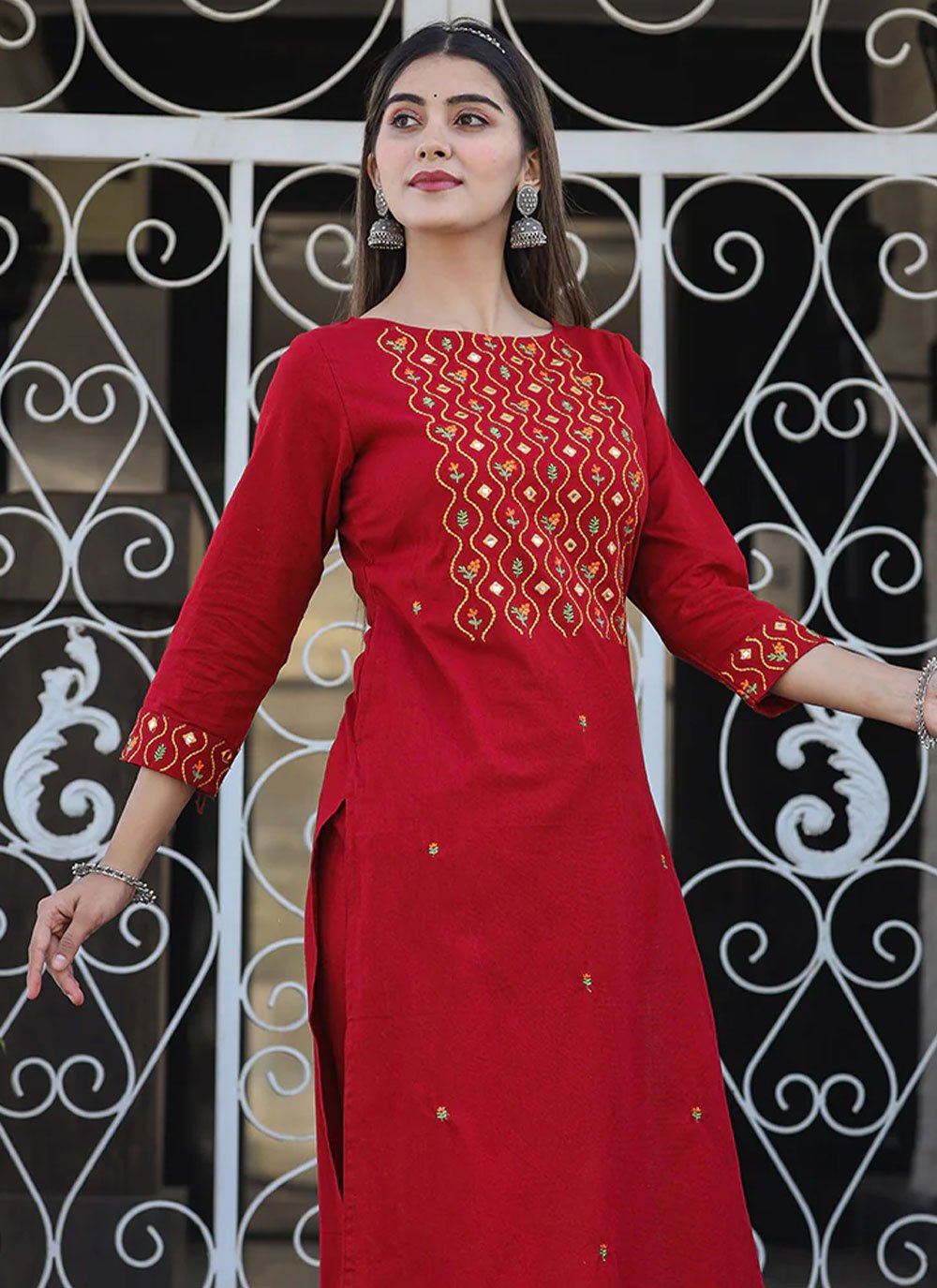 Casual Kurti Cotton Maroon Embroidered Kurtis