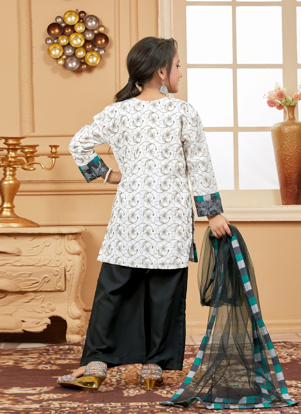 Palazzo Salwar Suit Cotton Off White Embroidered Kids