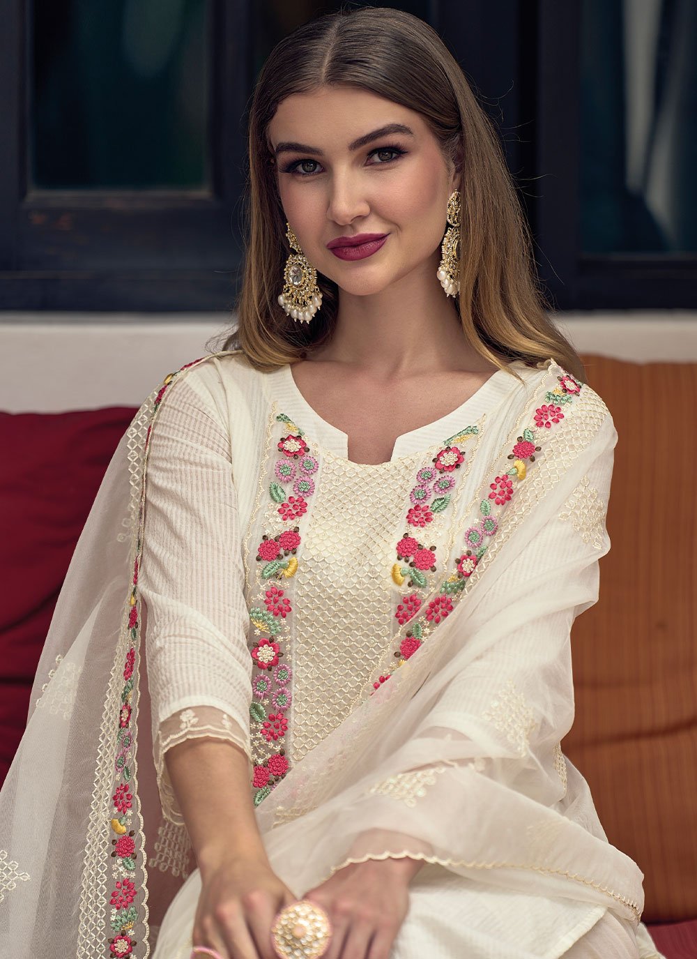 Salwar Suit Cotton Off White Embroidered Salwar Kameez