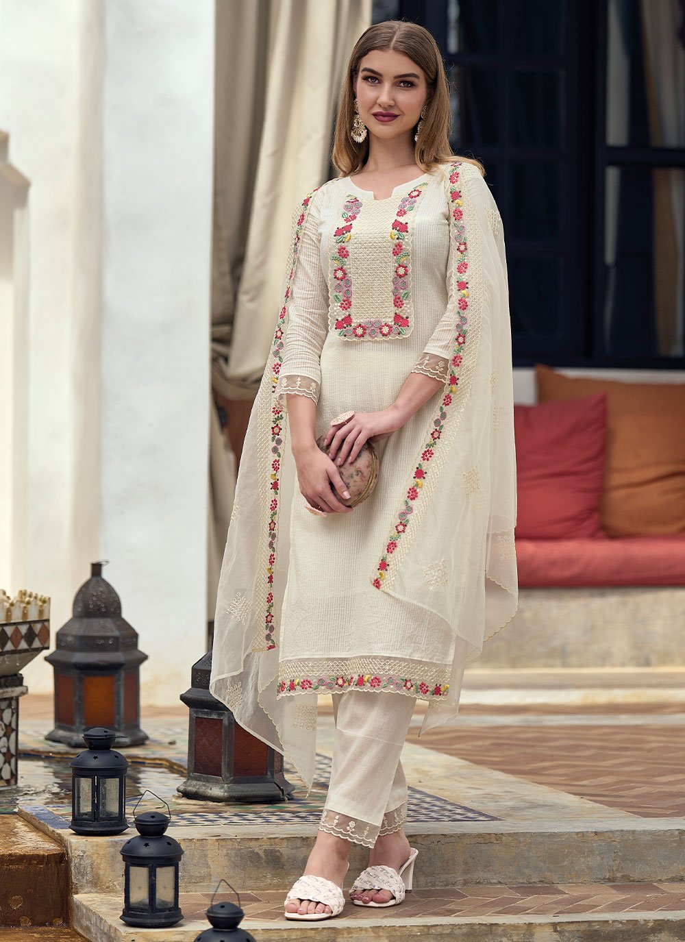 Salwar Suit Cotton Off White Embroidered Salwar Kameez