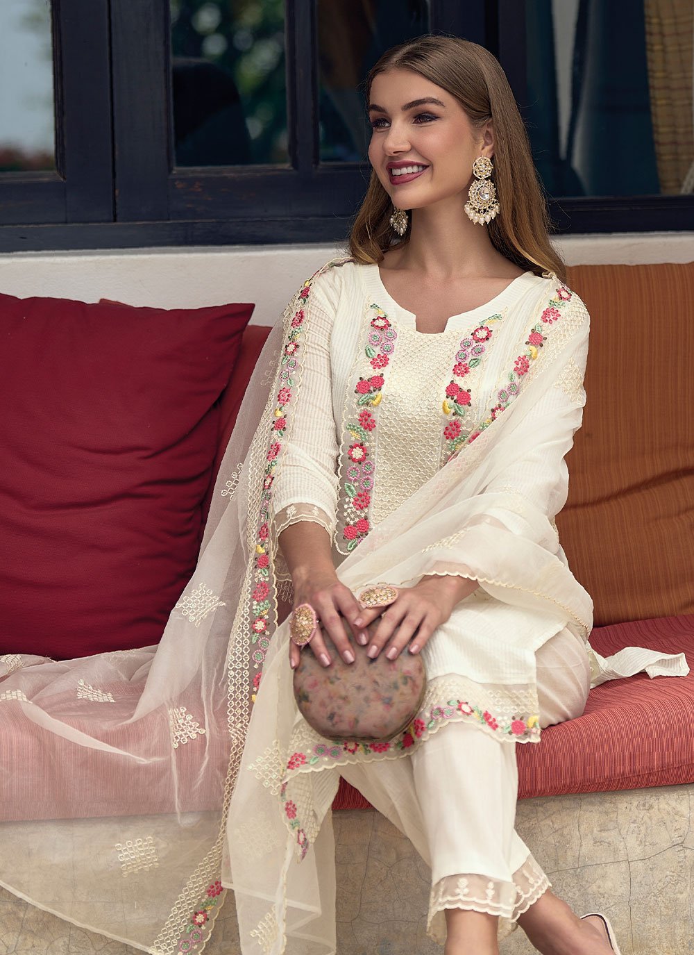 Salwar Suit Cotton Off White Embroidered Salwar Kameez