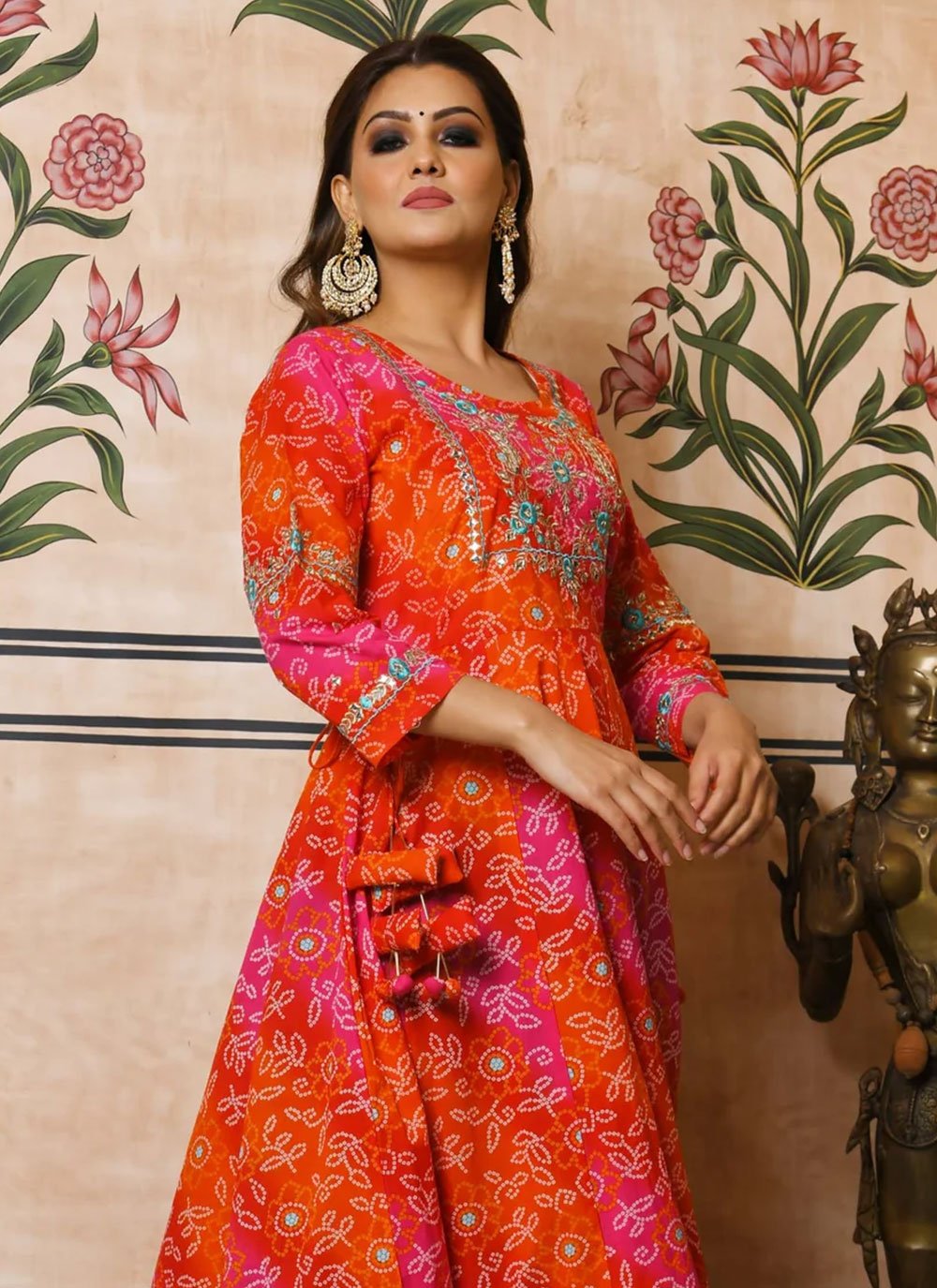 Gown Cotton Orange Red Embroidered Gown