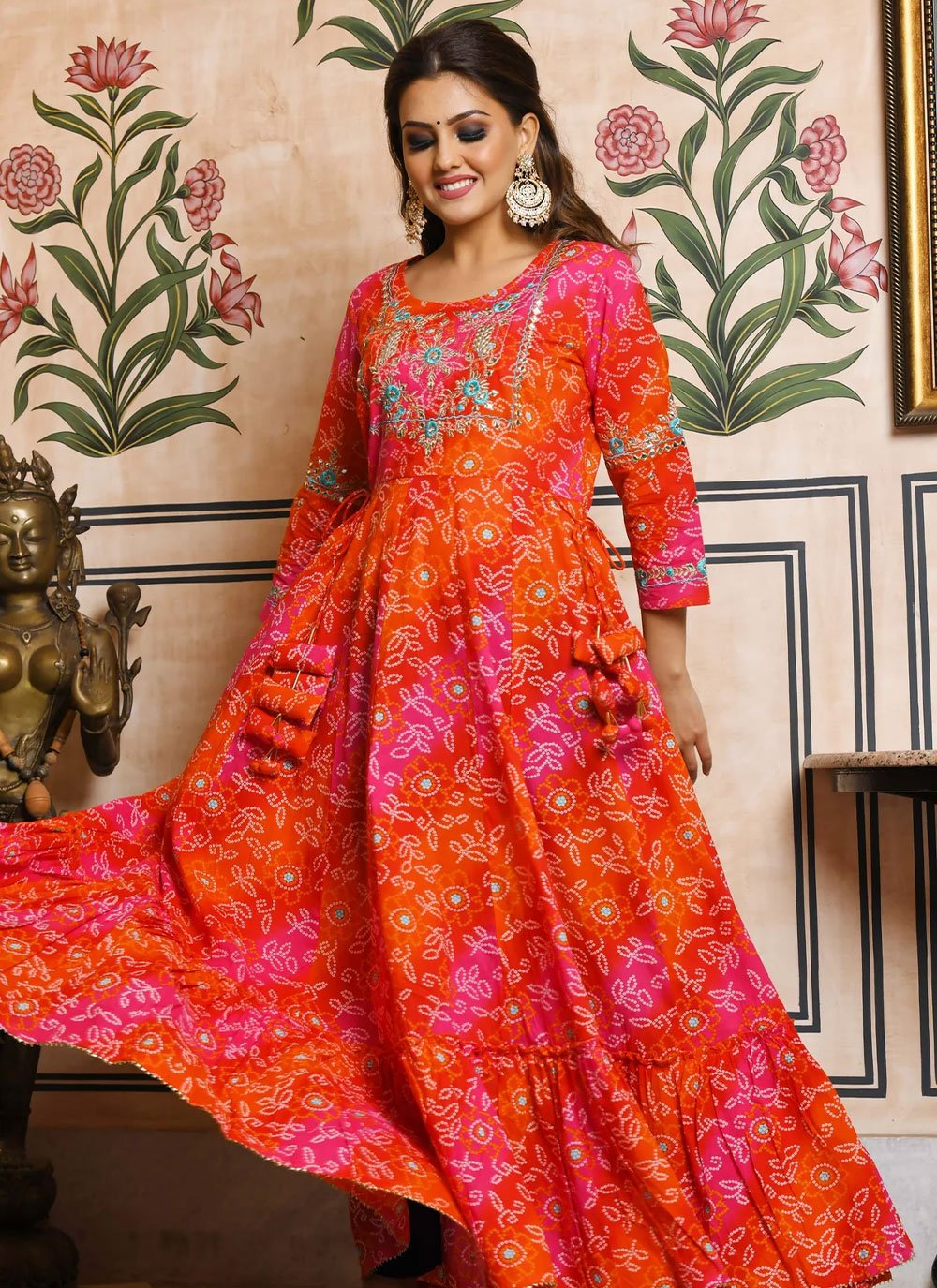 Gown Cotton Orange Red Embroidered Gown