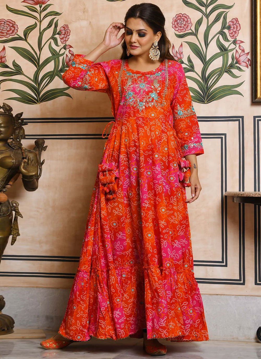 Gown Cotton Orange Red Embroidered Gown