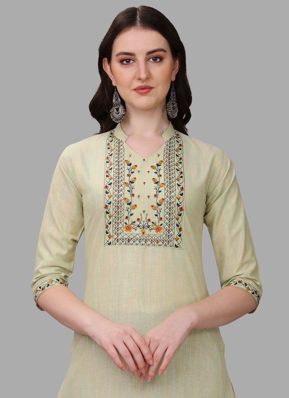 Party Wear Kurti Cotton Green Embroidered Kurtis