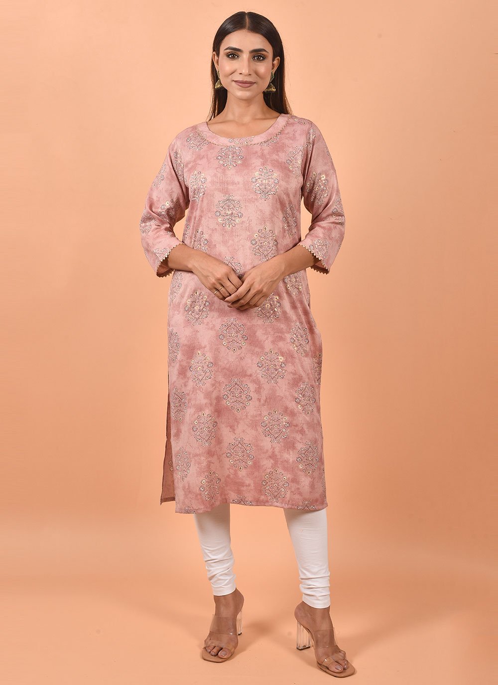 Casual Kurti Cotton Peach Embroidered Kurtis