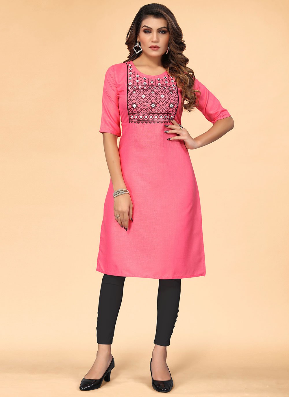 Casual Kurti Cotton Pink Embroidered Kurtis