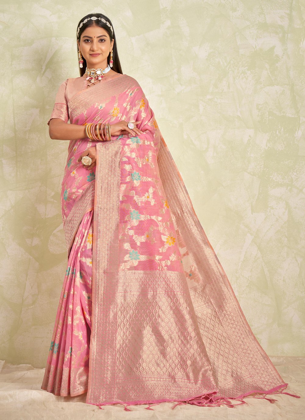 Designer Cotton Pink Embroidered Saree