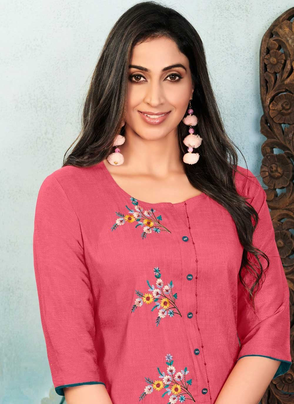 Designer Kurti Cotton Pink Embroidered Kurtis