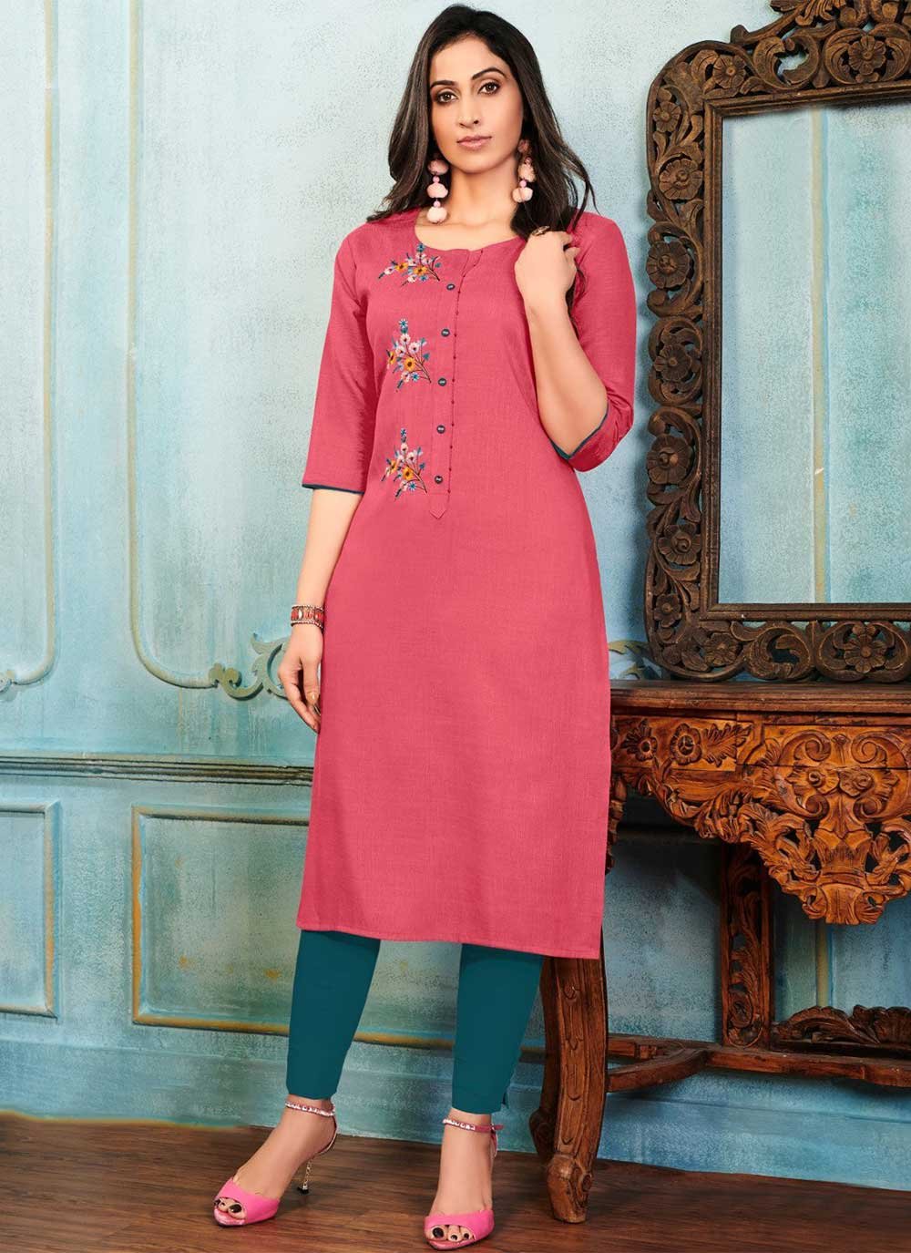 Designer Kurti Cotton Pink Embroidered Kurtis