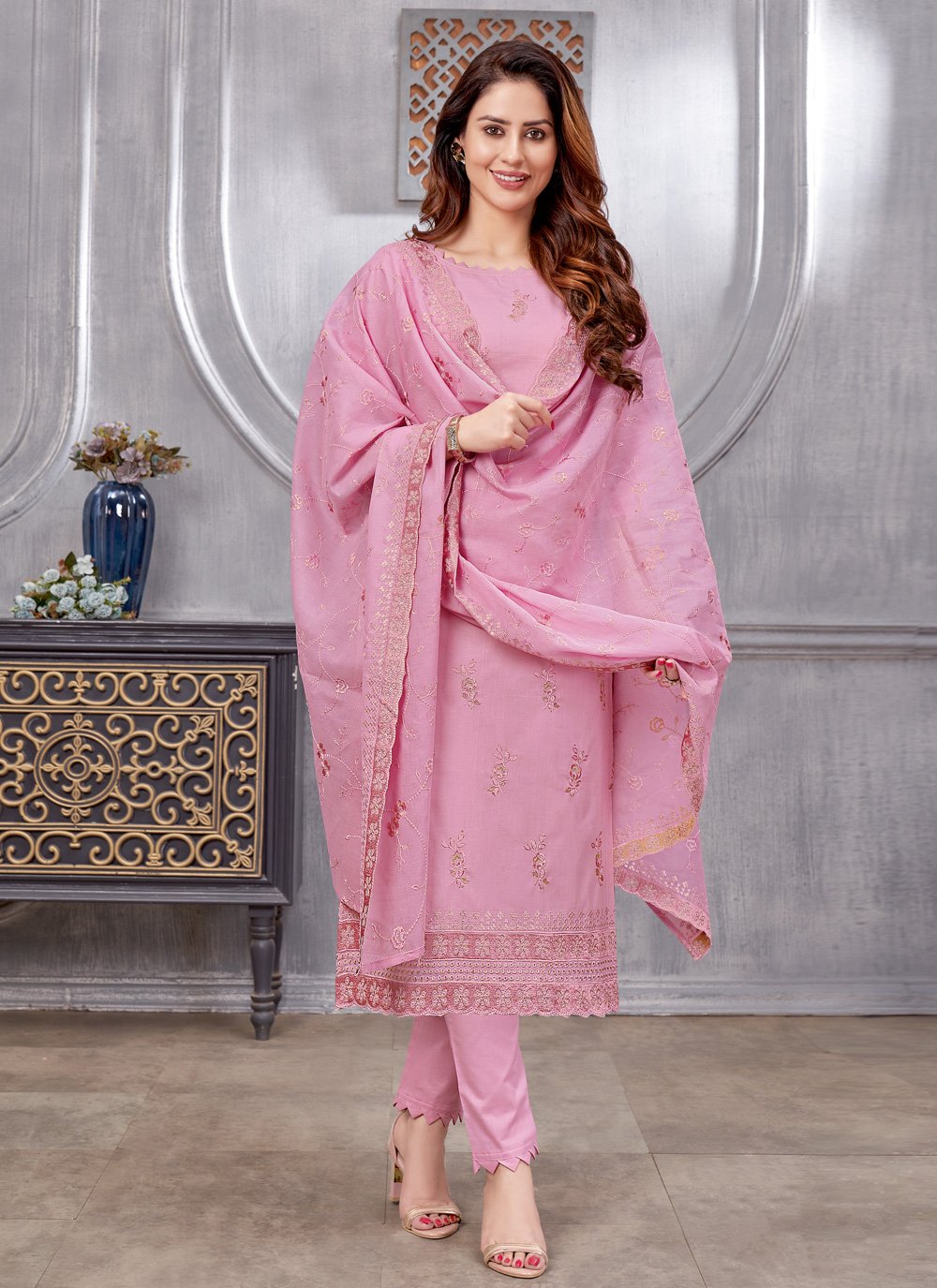 Pant Style Suit Cotton Pink Embroidered Salwar Kameez